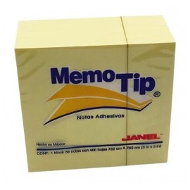 NOTAS ADHESIVAS JANEL MEMOTIP CUBO 3X3"400H AMARILLA
